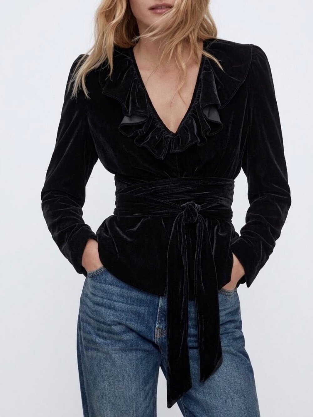 Zara Gothic Black Velvet Top Blazer S Ruffle Tie Waist Witchy Whimsigoth
